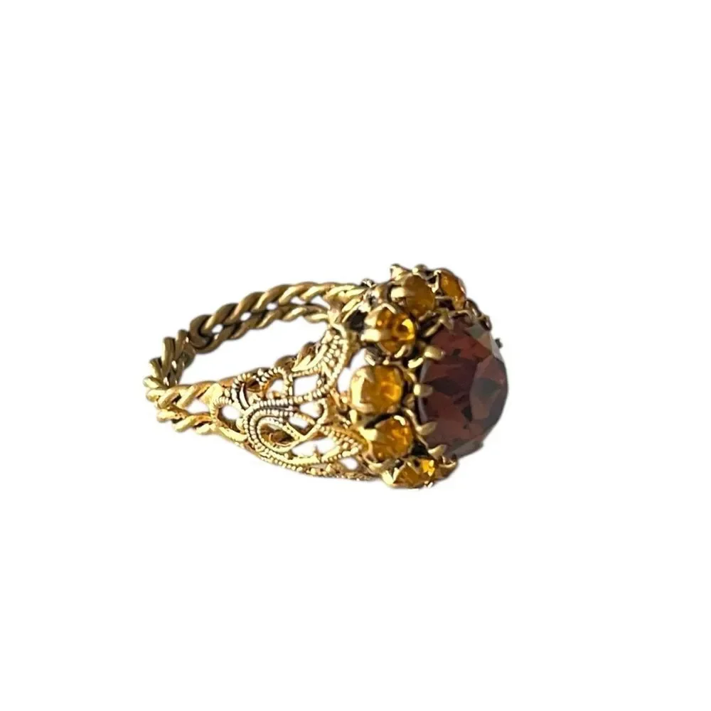 Vintage West Germany Amber Glass Brass Filigree Cocktail Ring